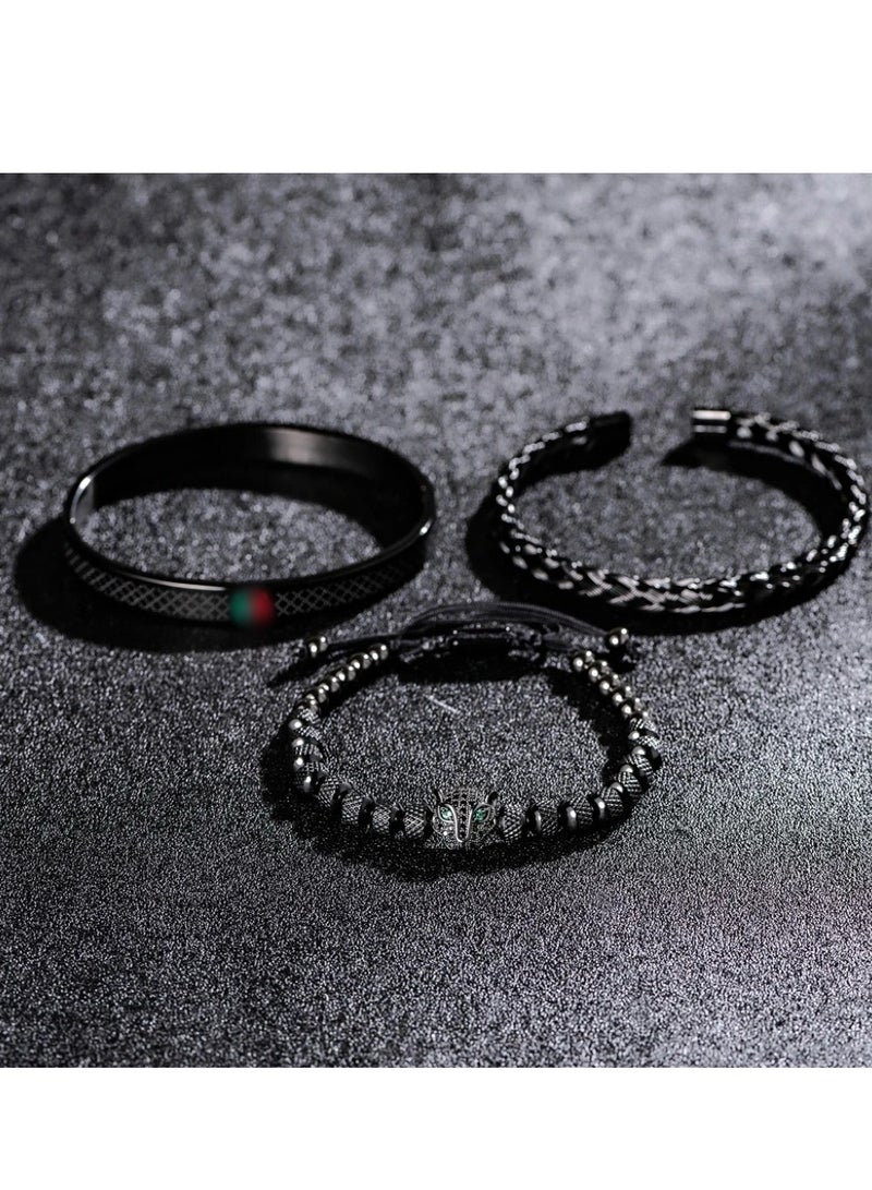 AuliceVerse Premium Stainless Steel Mens Bracelet 3-Piece Set, Black Leopard Head Design, 70G Heavy-Duty Style Bracelet for men - Image 3
